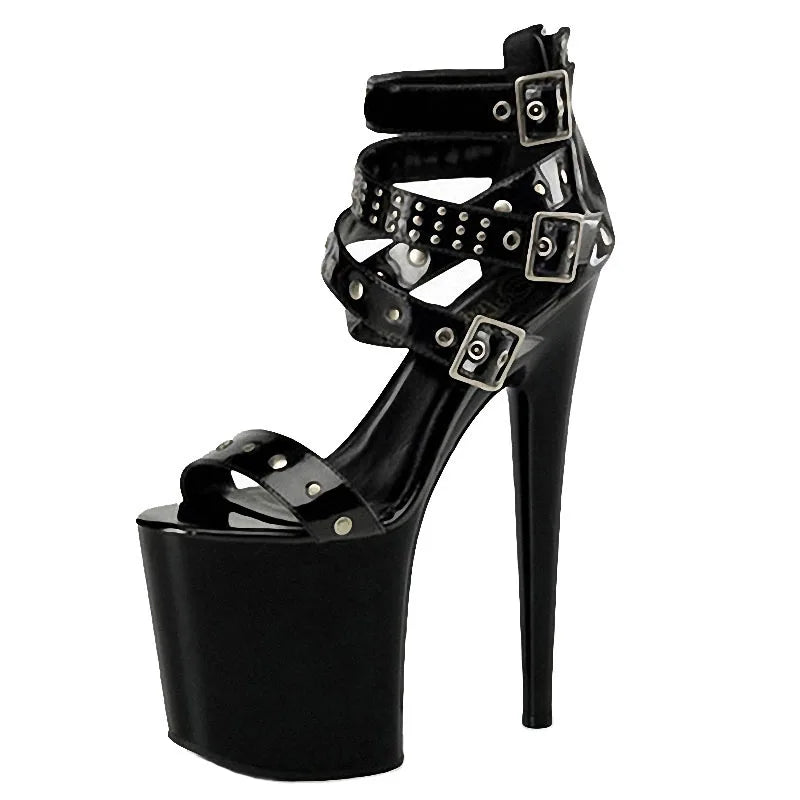 New 20 cm Rivet Buckle Fashion High Heels Platform Model Walk Show High Heels Women's Leaky Toe Large Sandals