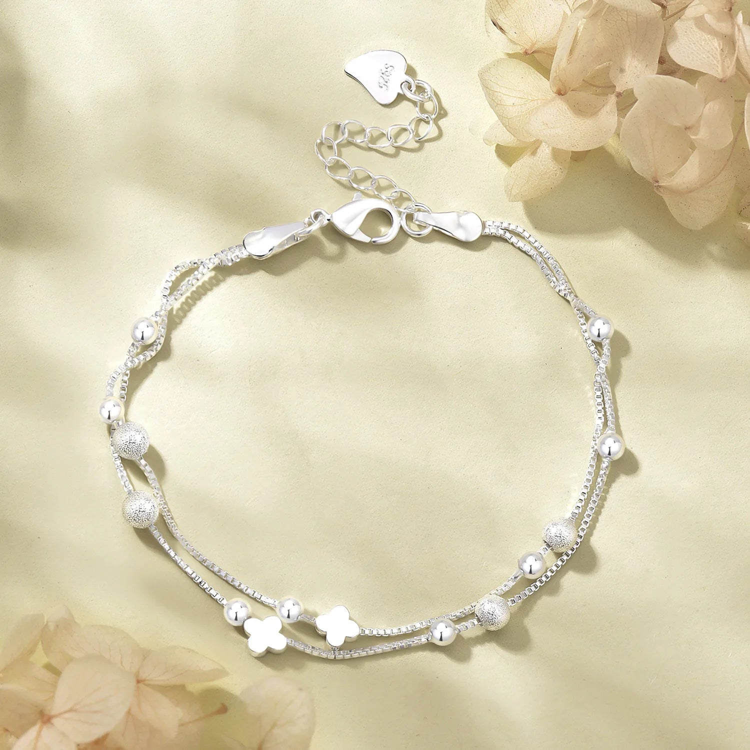 Fashion Double Layer Bead Bracelet Wholesale Exquisite Personality Silver Color Four-leaf Clover Bracelet for Women