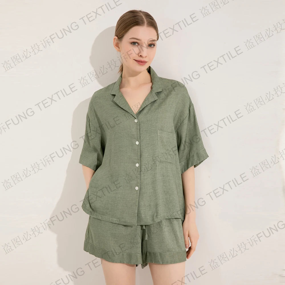 FUNG 6052 Wholesale Women Linen Blend Short Pajama Set Short Sleeve Shorts Soft Girls Loungewear
