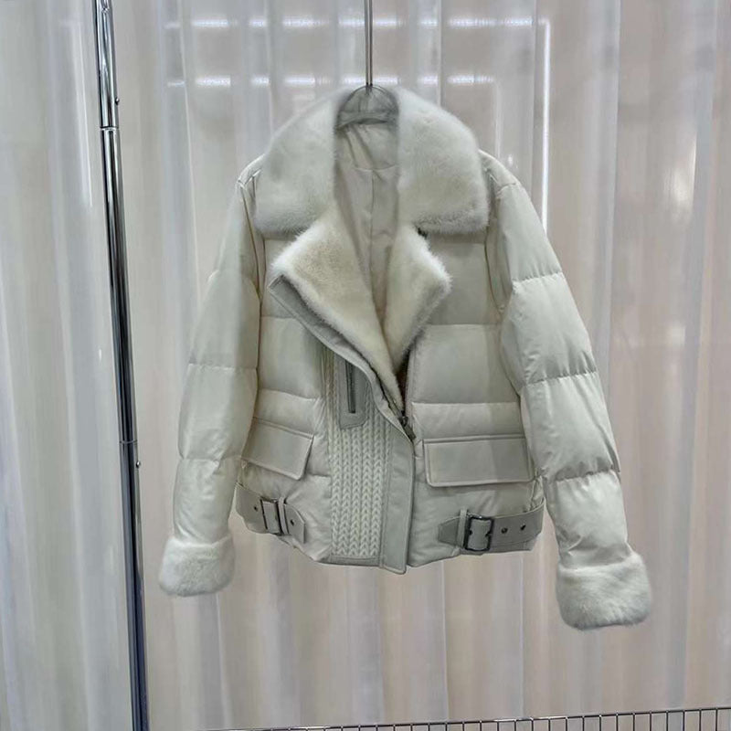 OFTBUY 2023 Women's Winter Motorcycle Jacket Real Mink Fur Collar Goose Puffer Quilted Jacket Featuring Big Pockets New Arrival