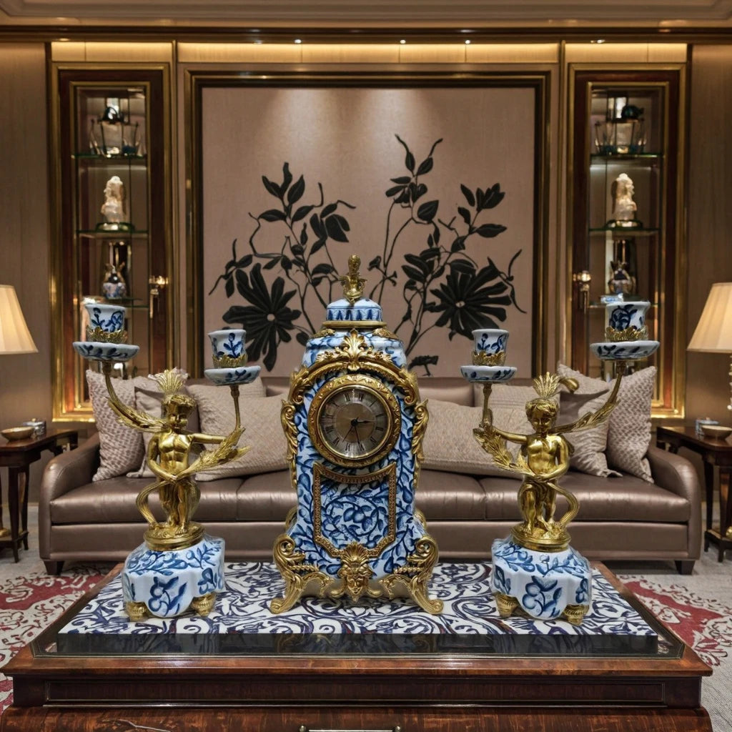 Luxury Antique Porcelain with Brass Desktop Clock Ceramic Angel Candle Holder for Blue and White Home Decoration