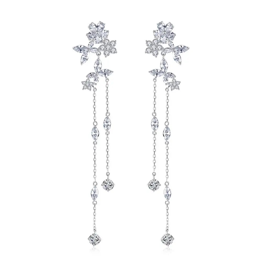 LUOTEEMI Delicate Fairy Flower Long Thing Chain Drop Dangle Earrings for Girl Bridal Wedding Dating with AAA CZ Jewelry Gifts