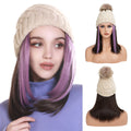Custom Logo Highlighted 10 Inch Purple Beanie Hat with Long Synthetic Fashion Hair Extensions Natural Attached Bob Wig