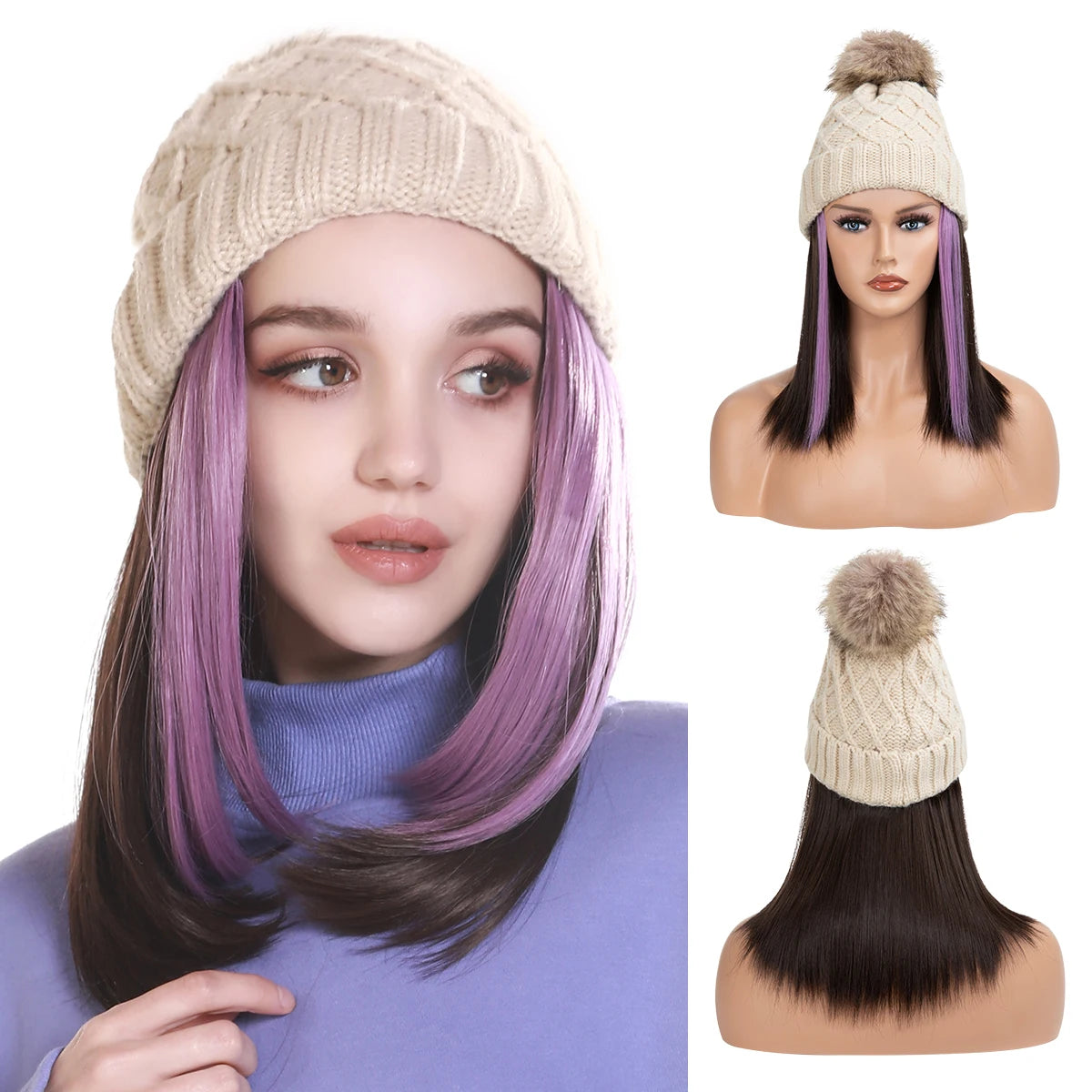 Custom Logo Highlighted 10 Inch Purple Beanie Hat with Long Synthetic Fashion Hair Extensions Natural Attached Bob Wig