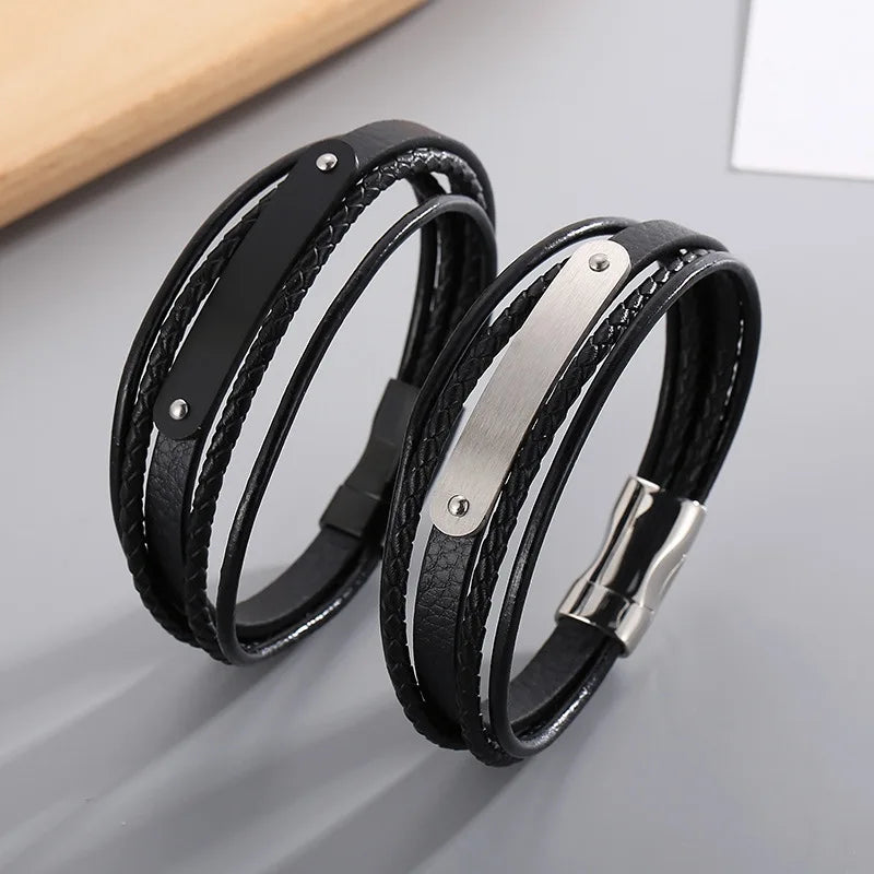 Bracelet Men's Leather Bracelet Stainless Steel Multi-layer Brown Leather Braided Bracelet Wristband Can Be Engraved