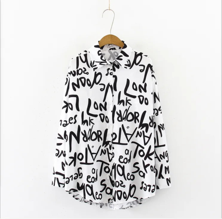 Harajuku Letter Graffiti Printed Shirt 2026 Spring and Summer Medium Length Lapel Long Sleeve Shirt for Men and Women