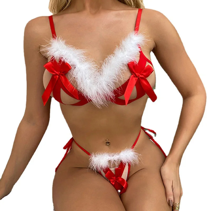 Christmas Sexy Lace Three-Point Bra and T Pants Plus Size Lingerie Set with Feathers Eco-Friendly