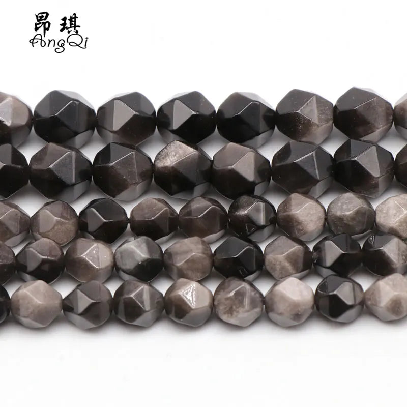 Wholesale Diamond Cutting Beads Natural Stone Faceted Silver Obsidian Loose Beads for Jewelry Making