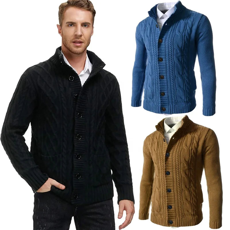 Mens Cardigan Sweaters Grey Warm Knitted Button Down Jacket Stand Collar Cable Knit Coat Winter Clothes Black Sweater