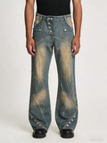AeeDenim Custom Logo OEM/ODM Y2K Heavy Distressed Stonewashed Print Flare Jeans Button Tear Unisex Denim Pants