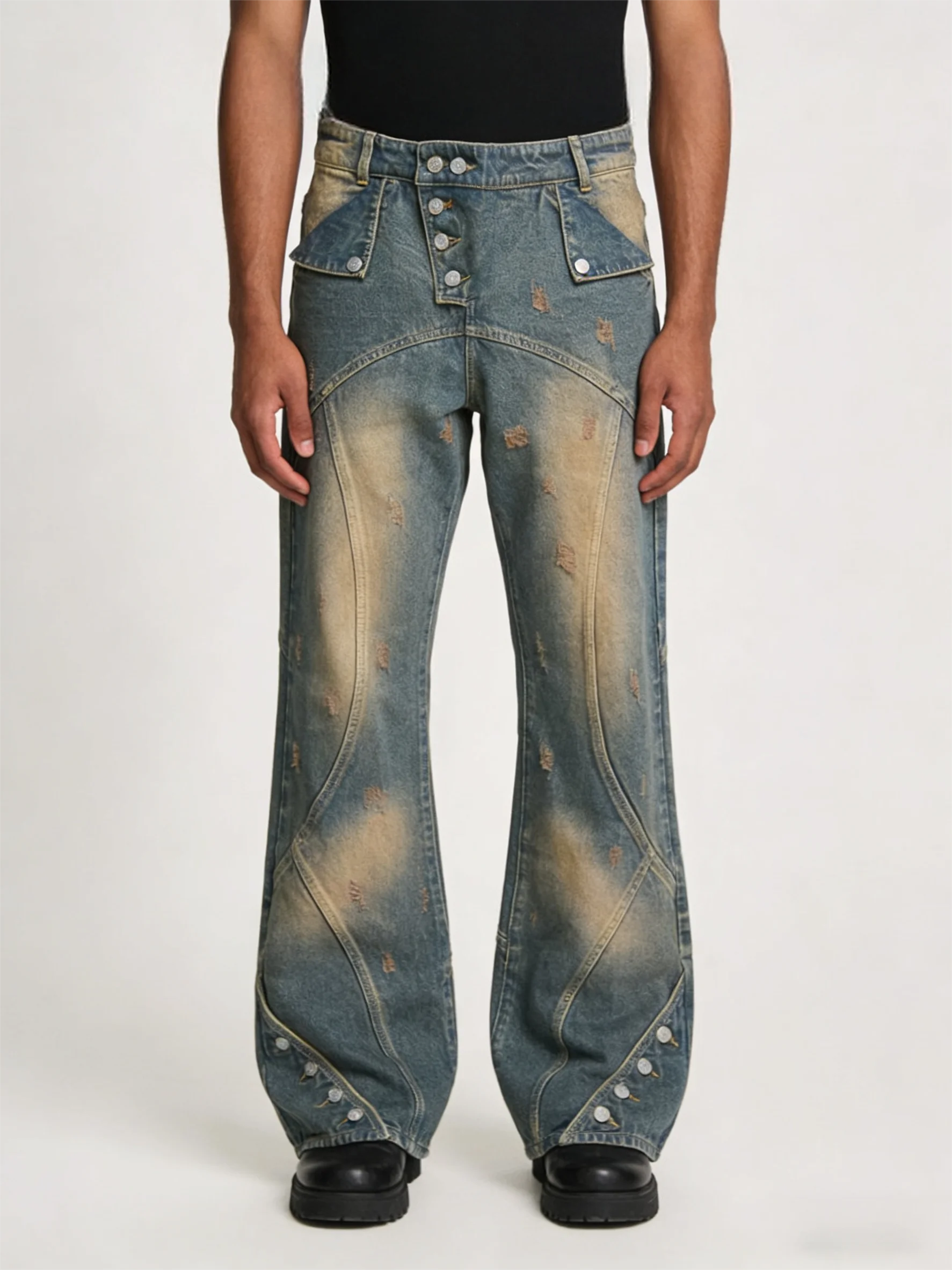 AeeDenim Custom Logo OEM/ODM Y2K Heavy Distressed Stonewashed Print Flare Jeans Button Tear Unisex Denim Pants