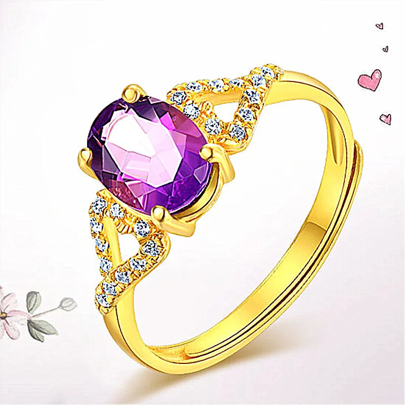 Simple Plating Brass 24k Dubai Gold Plated Purple Zircon Diamond Wedding Engagement Finger Ring Jewelry Rings for Women