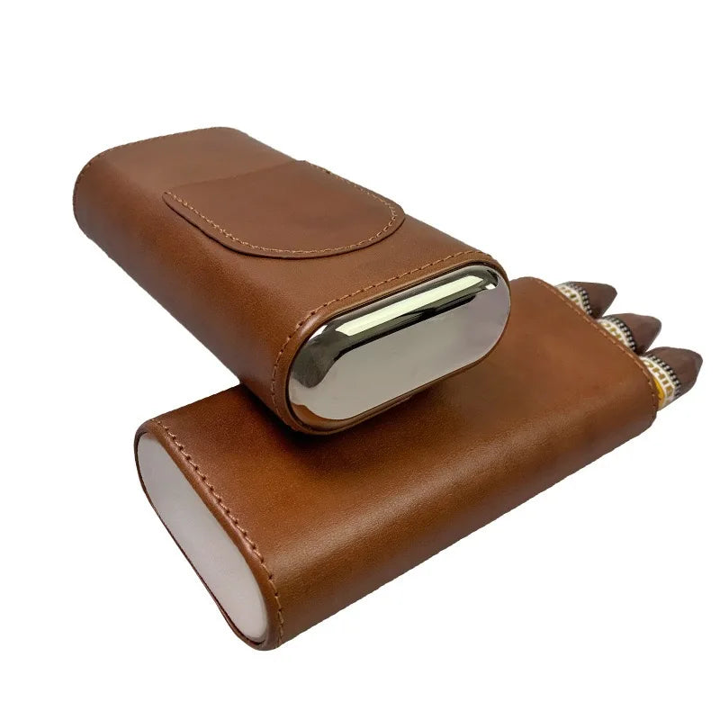 Portable 3 Cigar Leather Travel Case with Built-In Cigar Cutter