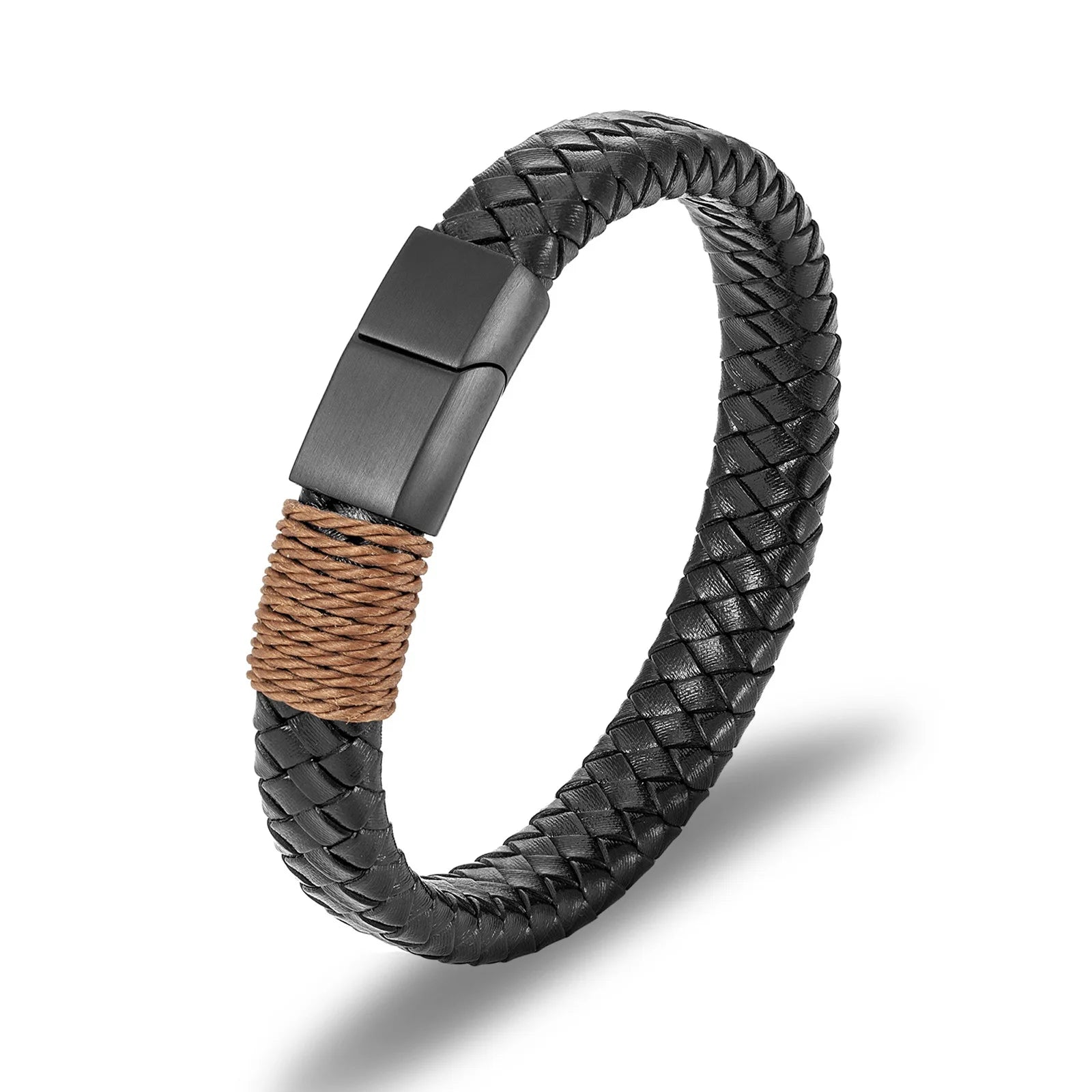 19cm 21cm Handmade Braided Wrap Leather Men's Cuff Bangle Stainless Steel Magnetic Clasp Genuine Leather Trendy Gift OT-089