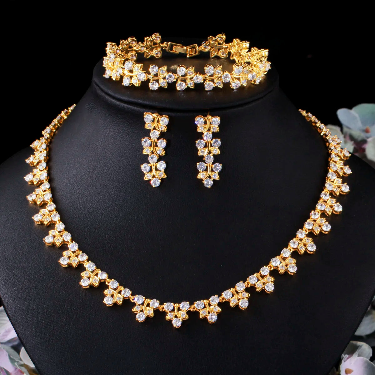 Delicate Leaf Vine Flower Shaped Luxury CZ Necklace Earring Bracelet Set Gold Plated Bridal Evening Dress Jewelry Accessories
