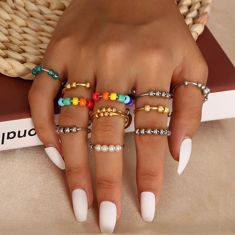 Wholesale Cheap Bead Ring Rotate Freely Adjustable Anxiety Worry Rings Rainbow Glass Beads Anxiety Ring