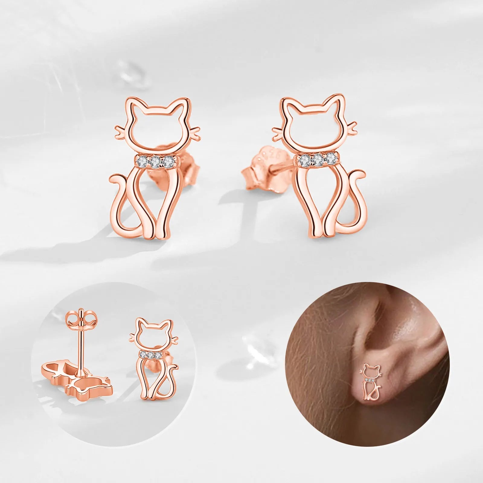 Merryshine Wholesale Hypoallergenic 3D Rose Gold 925 Sterling Silver Cute Animal Stud Cat Earrings for Girls