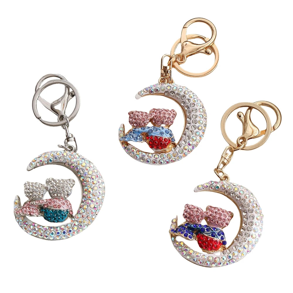 Diamond Bear Keychain Crystal Moon Love Bear Shaped Key Chains Couple Key Rings Bling Charm Gifts Rhinestone Teddy Bear Keychain