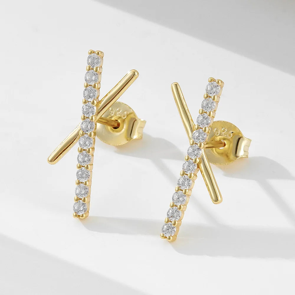 S925 Sterling Silver Full Zircon Stud Earrings Female Gold Plating Special Design Geometric Cross X-Shaped Stud Earrings