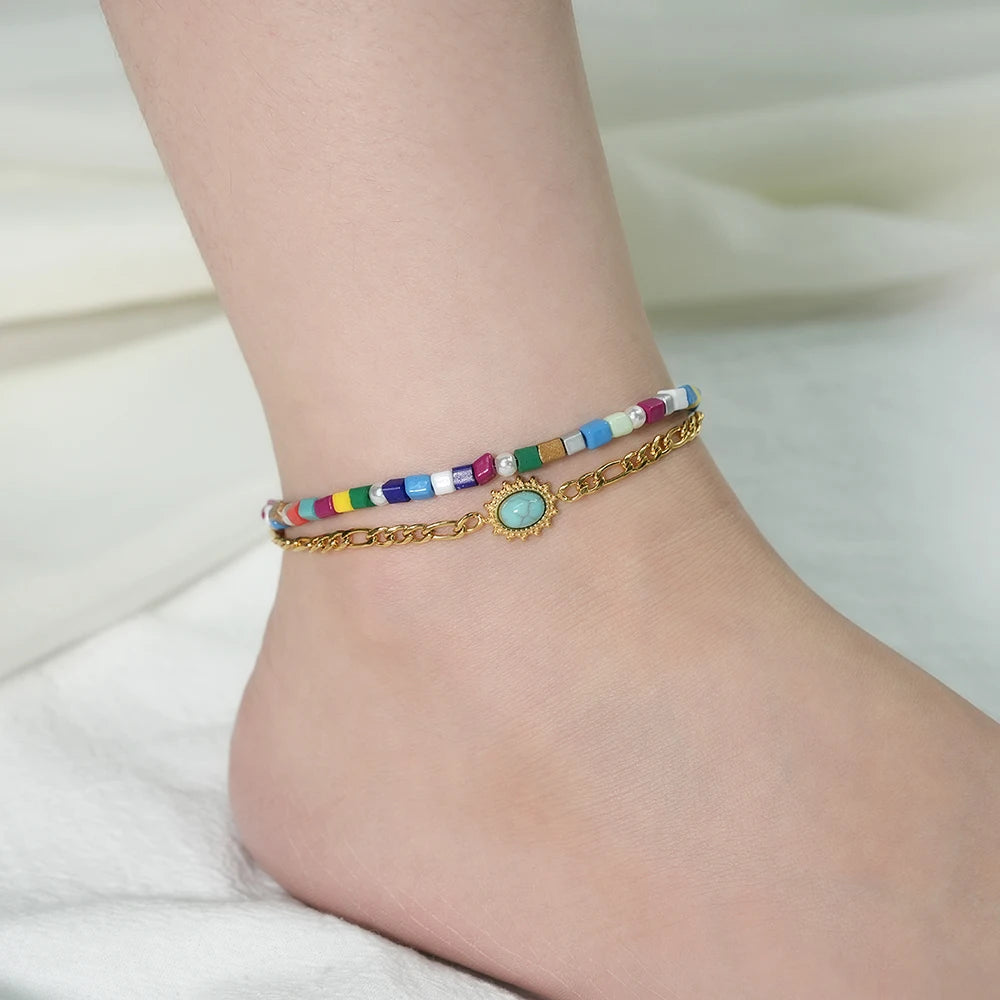 Right Grand Fashion Women Female Cute Color Bead Stainless Steel Crushed Stone Boho Bulk Ankle Bracelet