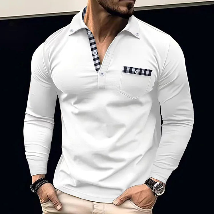 RNSHANGER Spring Daily Men's Polo Shirts Patchwork Plaid Long Sleeve Chest Pocket Multi-Button Design Casual Fashion Polo Shirt