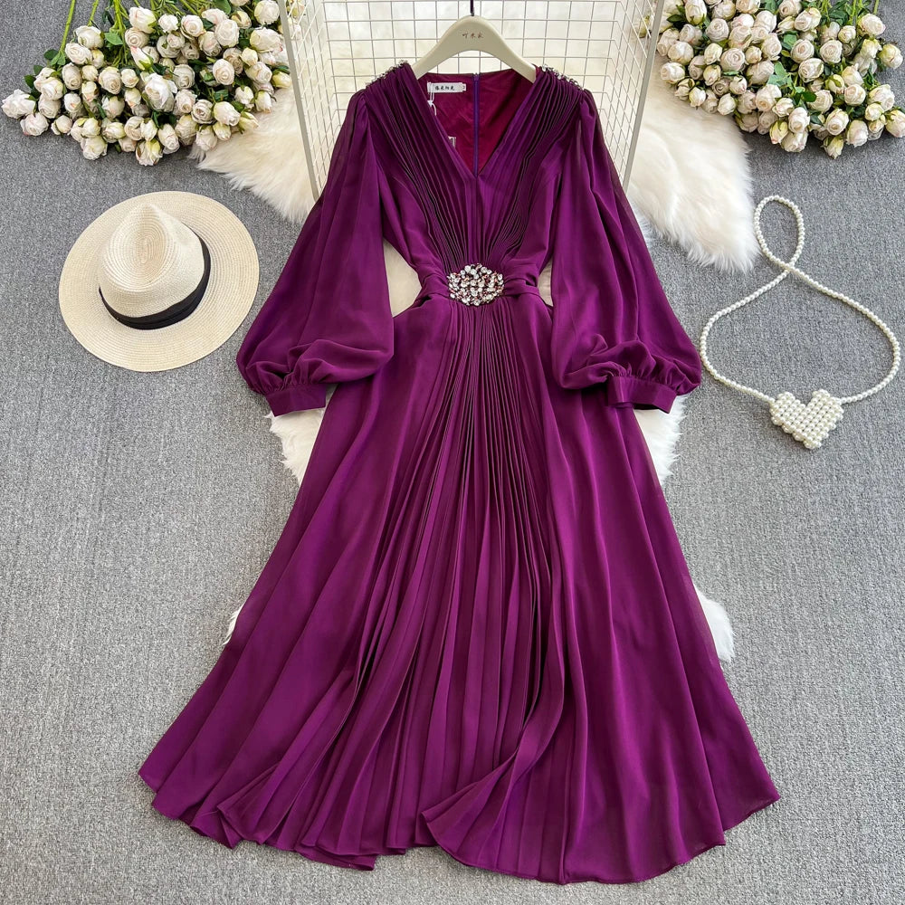 Wholesale 2026 Autumn New Fashion Long Sleeved V-neck Waist Waist Slimming A-line Chiffon Pleated Elegant Women's Dress