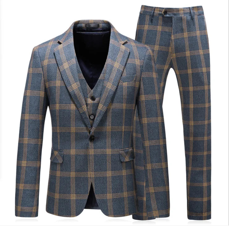 Business Men Suits 3 Pieces Groom Tuxedos Green Flat Collar Wedding Suits Clothing Black Casual Pants Red Viscose Blue Set OEM