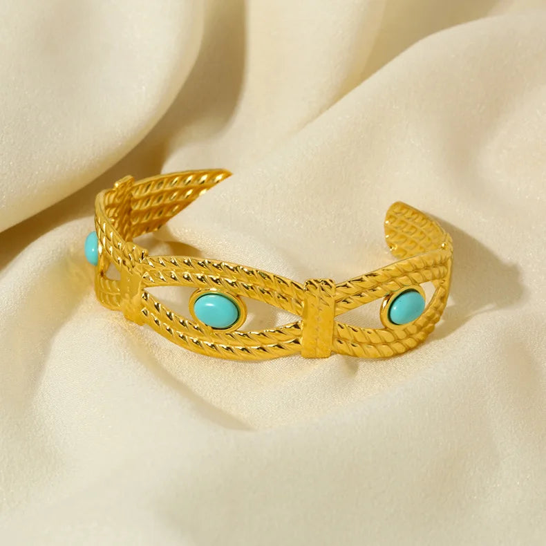 Vintage Tarnish Free 18K Gold Plated Stainless Steel Bracelet Natural Stone Open Cuff Bracelet for Women Pulseras Y Brazaletes