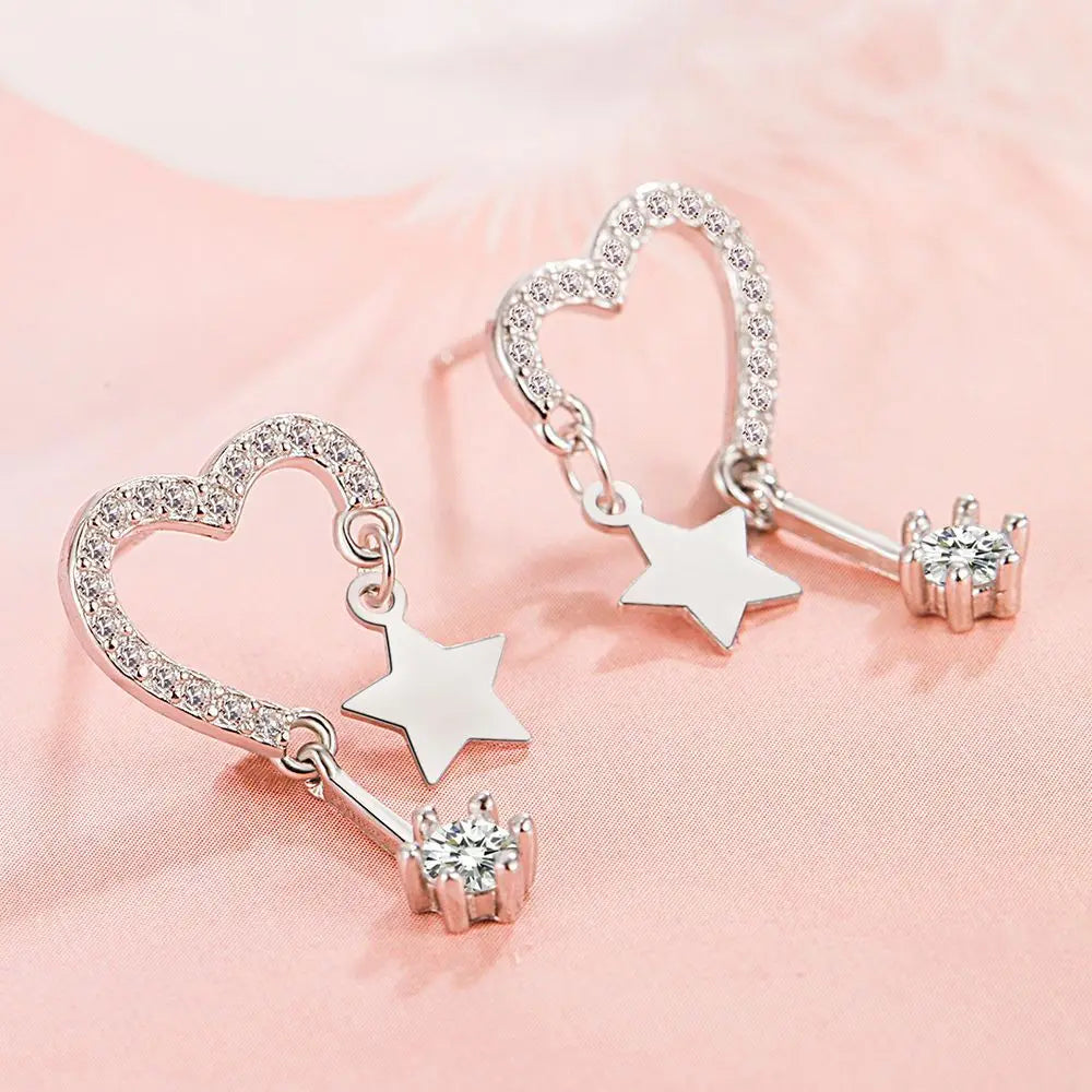 Micro Inlaid Zircon Heart Earring Sweet Silver Plated Double Screws Ear Studs Silver Color Piercing Cartilage Jewelry