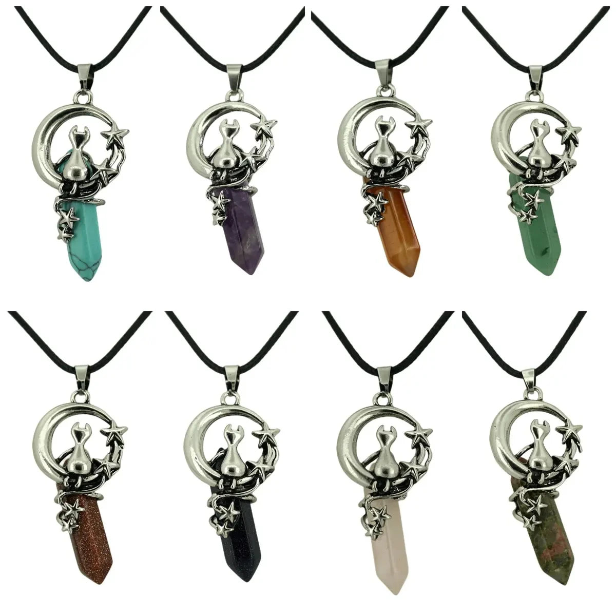 Wholesale Pendant Necklace Fashionable Various Hexagonal Crystal Gemstone with Alloy Star Moon Cat Necklace