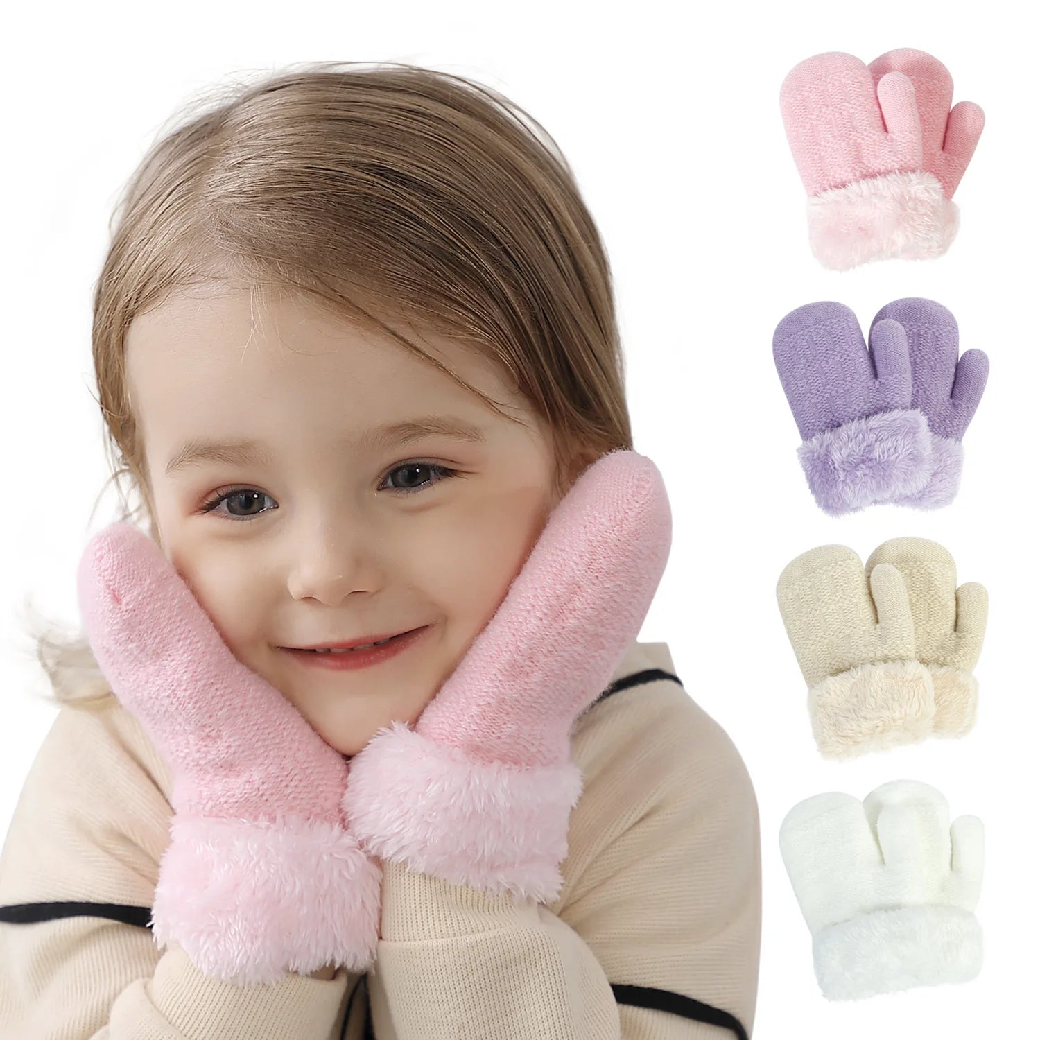 Factory Custom logo Winter Ski Cute Warm Fleece Lined Knit Thick Thermal Gloves Snowboarding Mittens for Kids 1-6 Years