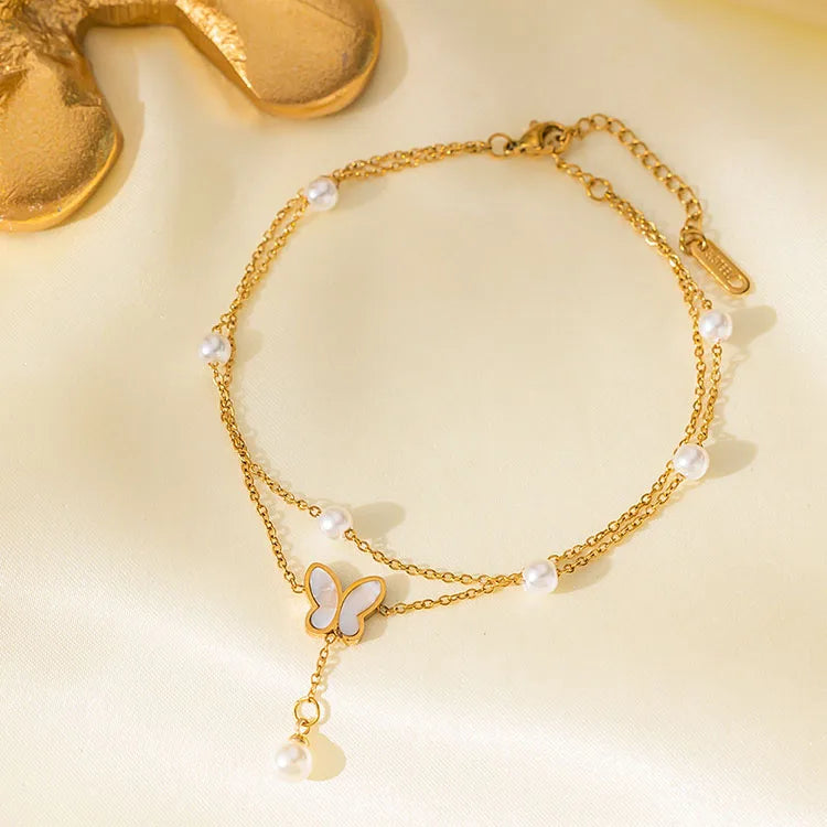AC1022 Fashionable Double-layer Stainless Steel Ladies' Anklets Butterfly Pearl Blue Eyes Heart Shape Women's Ankle Chains