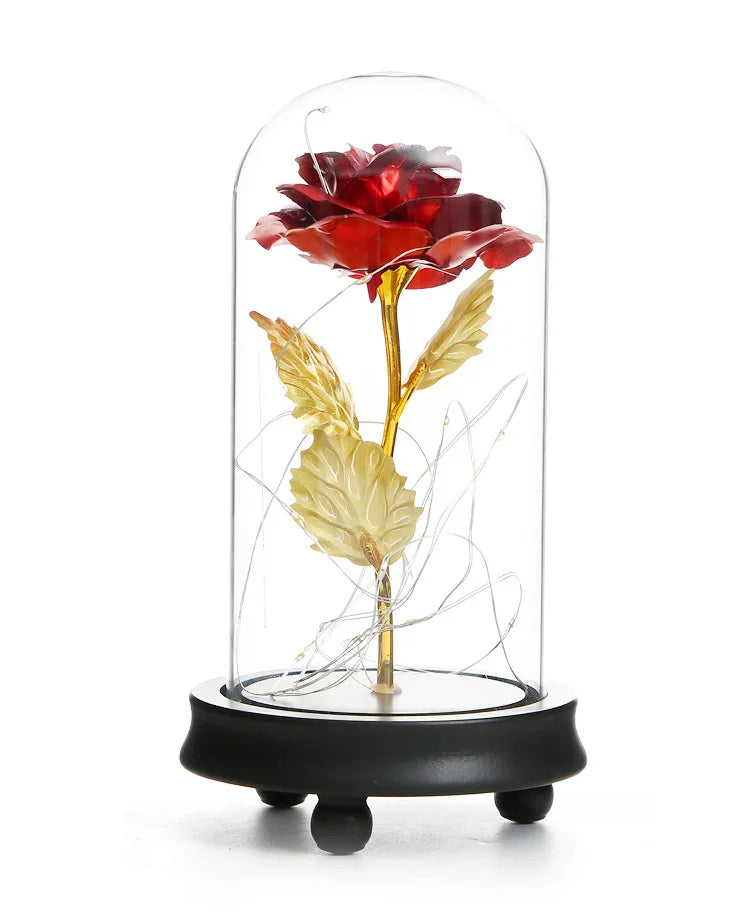 Valentines Day Perfect Gift Foil Gold Rose Preserved Rose in Glass Dome with LED Light and Three Holders Wedding Decoration