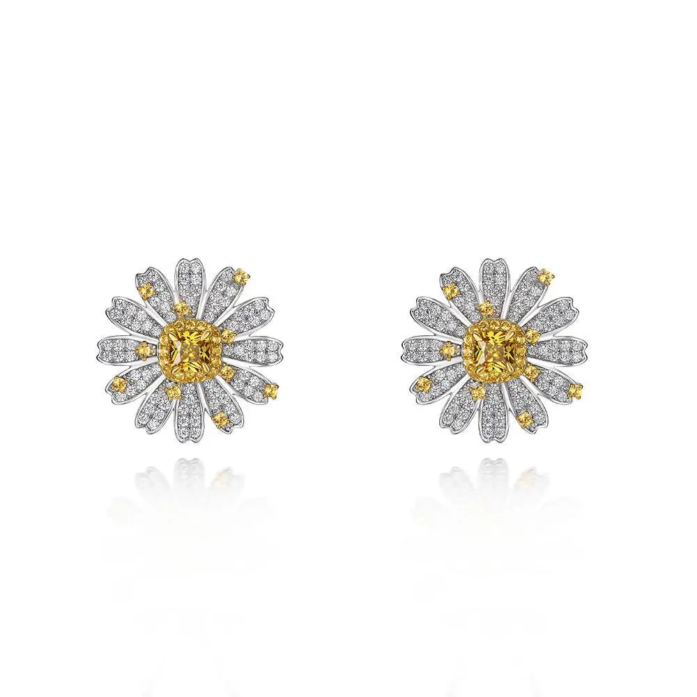 New Arrival Hypoallergenic Women 925 Silver Rhodium Plated Yellow Cubic Zirconia Chrysanthemum Daisy Stud Earrings