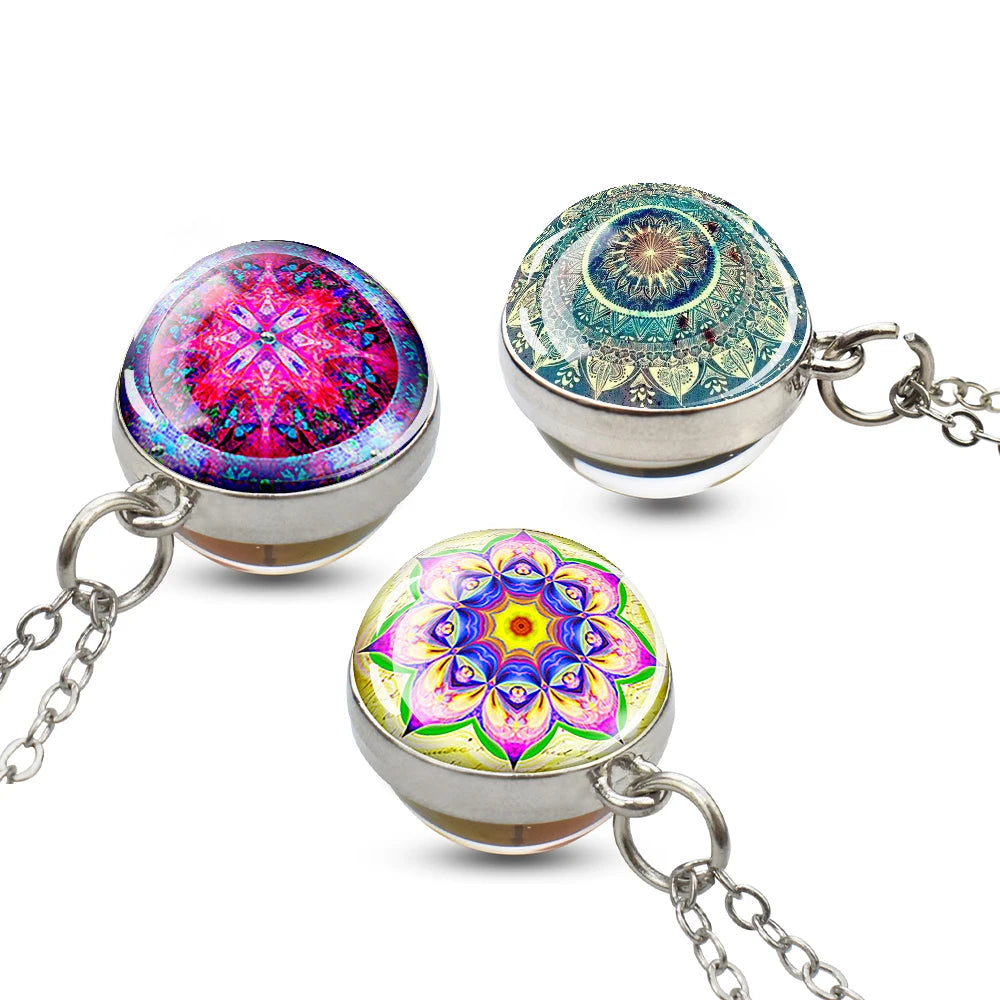 New Design Crystal Ball Necklace Mandala Hinduism Buddhism Artistic Patterns Flower Metal Necklace for Women