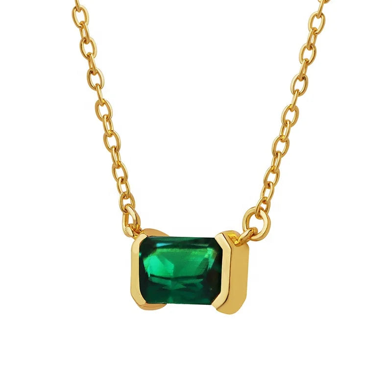 Fashion Design Geometric Jewelry Stainless Steel 18K Gold Plated Rectangular Zircon Pendant Women Luxury Necklace