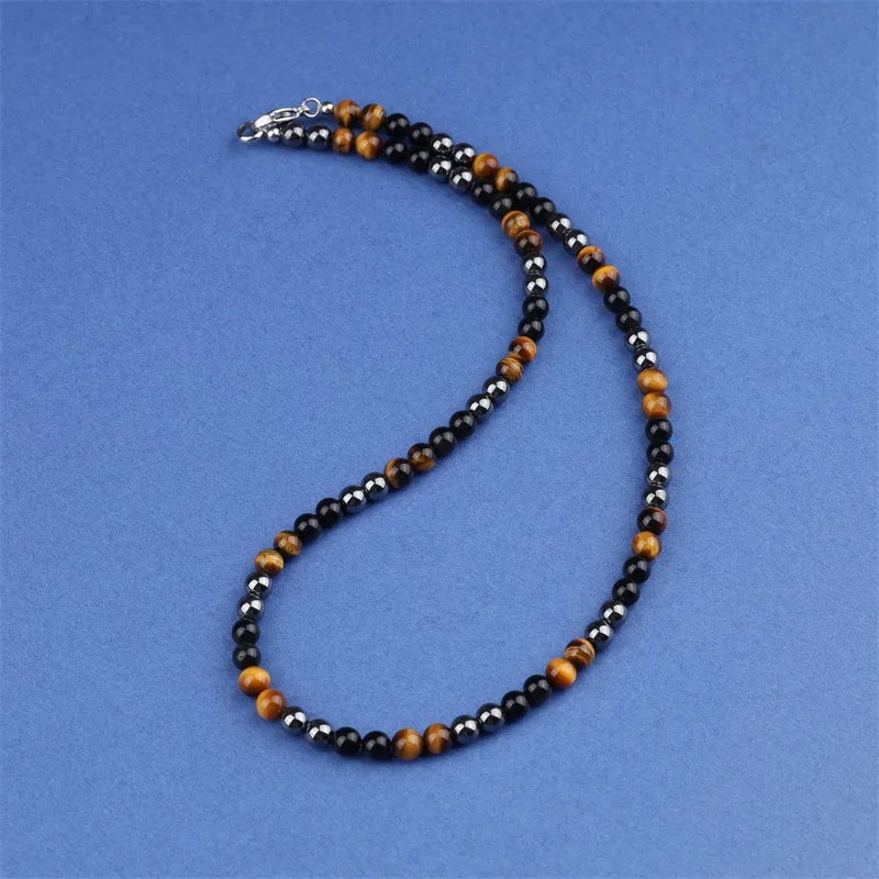 Natural Tiger Eye Stone Hematite Beaded Necklace for Women Men Natural Obsidian Beaded Choker Healing Energy Stone Jewelry