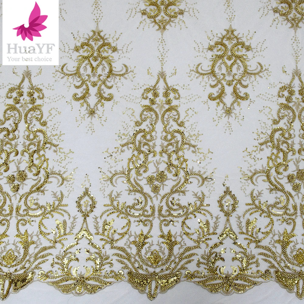HY2673 African Gold Heavy Beaded Sequins Lace Wedding Embroidery French Same Border Dress Fabric