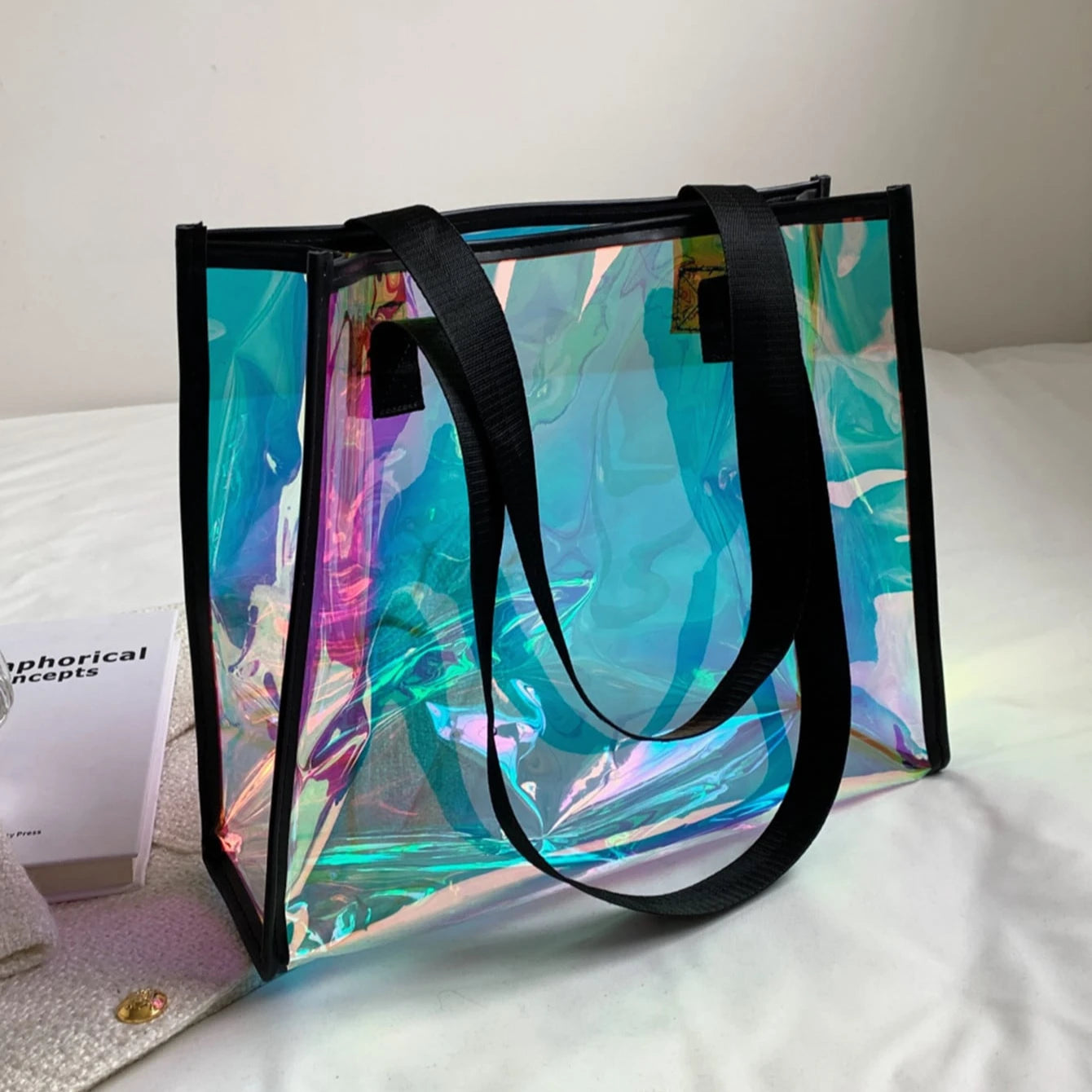 Custom Waterproof Clear Plastic Rainbow Holographic PVC Woman Bag Laser Tote Bag With Zipper Beach Bag