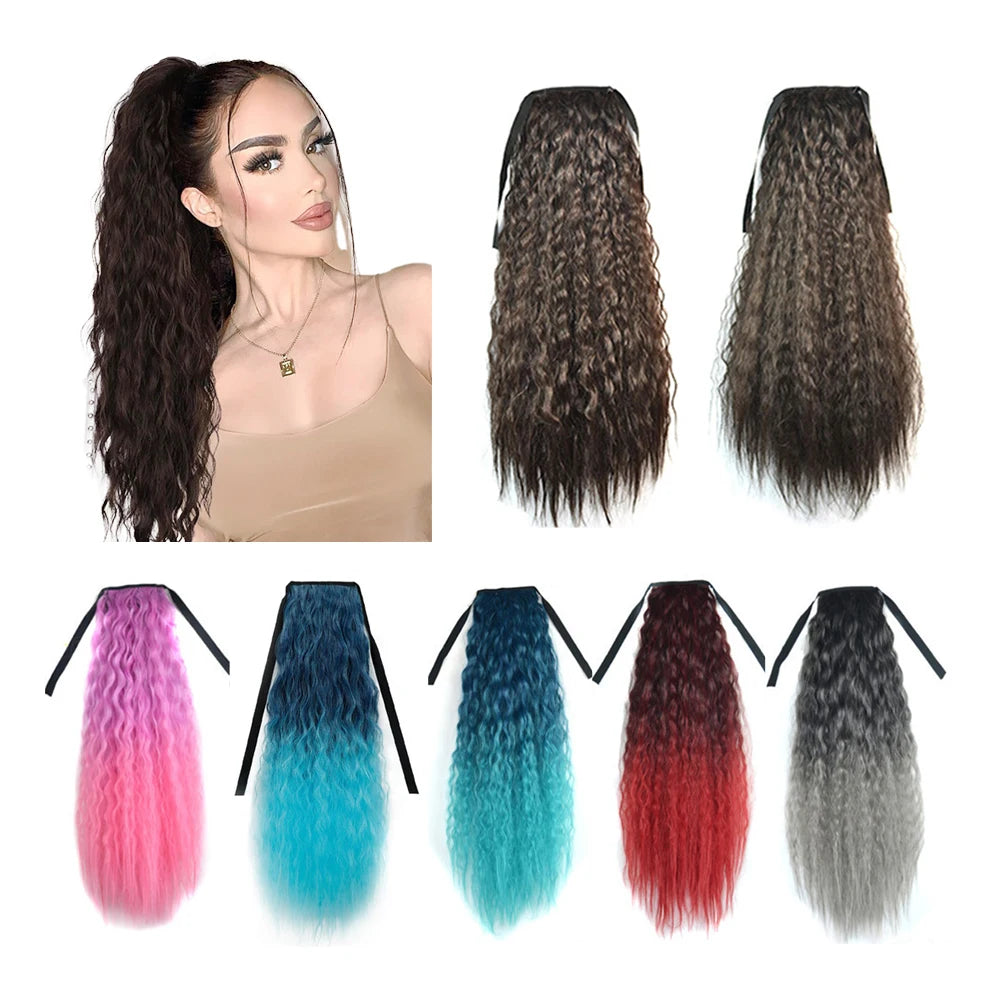 Shinein 24 Inch Clip in Ombre Colorful Synthetic Hair Pony Tail Extension Colored Ribbon Band Tie up Ponytail