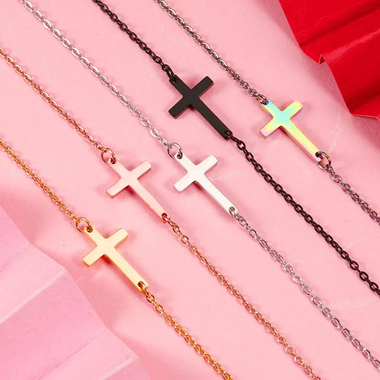 G1219 Fashion Stainless Steel Sideway Cross Pendant Necklaces Jesus Christ Gold Plated Link Chain Sideways Cross Necklace