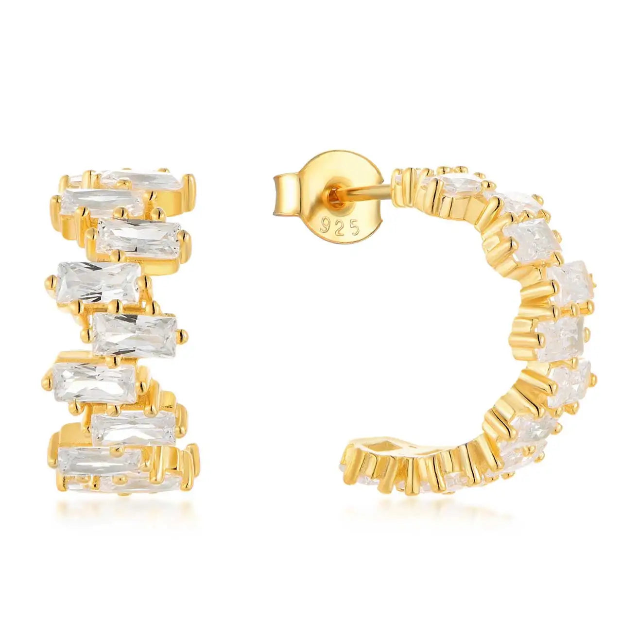 QX Custom OEM Vintage 925 Sterling Silver Minimalist Moon 18K Gold Plated Zircon Stud CC Earrings Fine Jewelry for Women