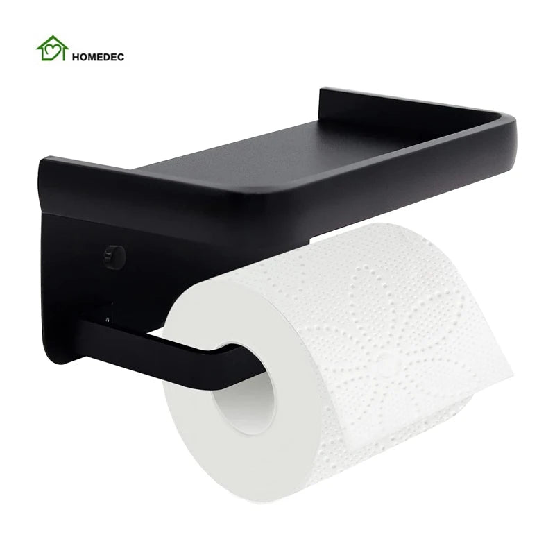 Simple Style Black 304 Stainless Steel Toilet Paper Holder with Shelf for Family Bathroom