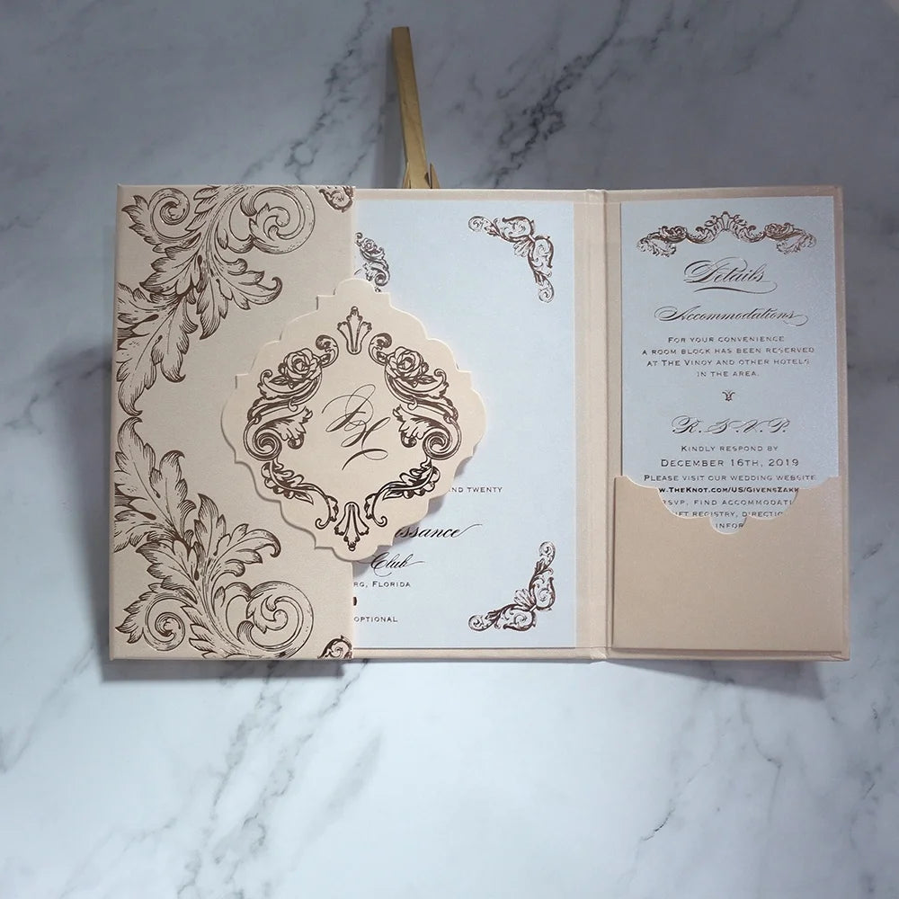 Wholesale Price Wedding Fancy Unique Design Pink Hardcover Invitations with Monogram