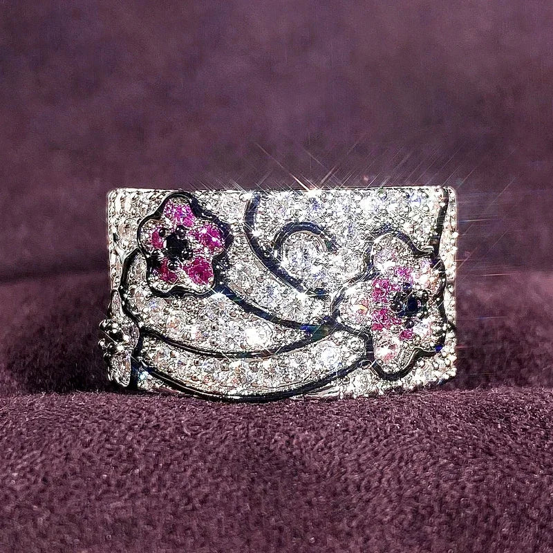 CAOSHI Delicate Flower Design Full Paved Imitated Diamond Band Rings for Chic Trend Party Women Engagement Silver Plated Rings