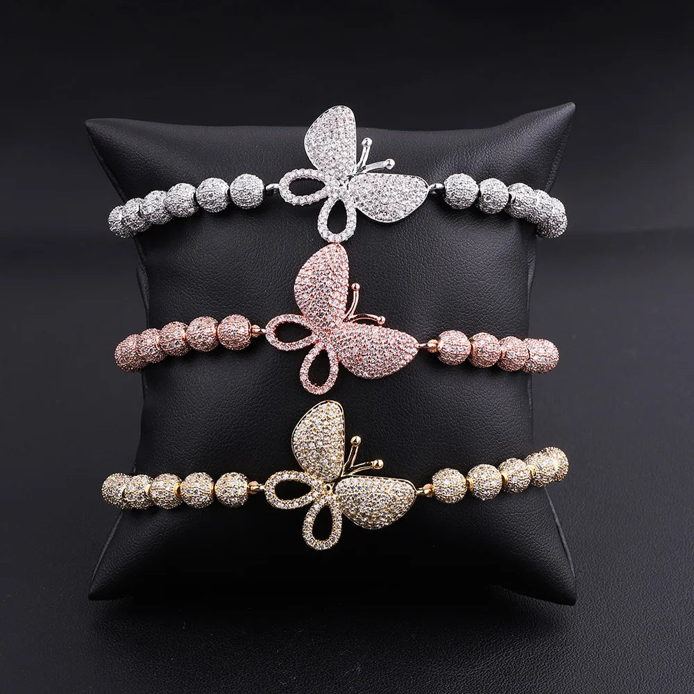 New Design Luxury CZ Micro Pave Butterfly Charm Beads Handmade Braided Custom Logo Macrame Bracelet Women