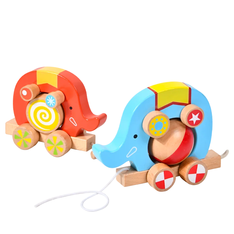 Wooden Toys Preschool Children Educational Wood Pulling Cart Toy With Blocks Elephant Drag Toy Car Fun Roller Game