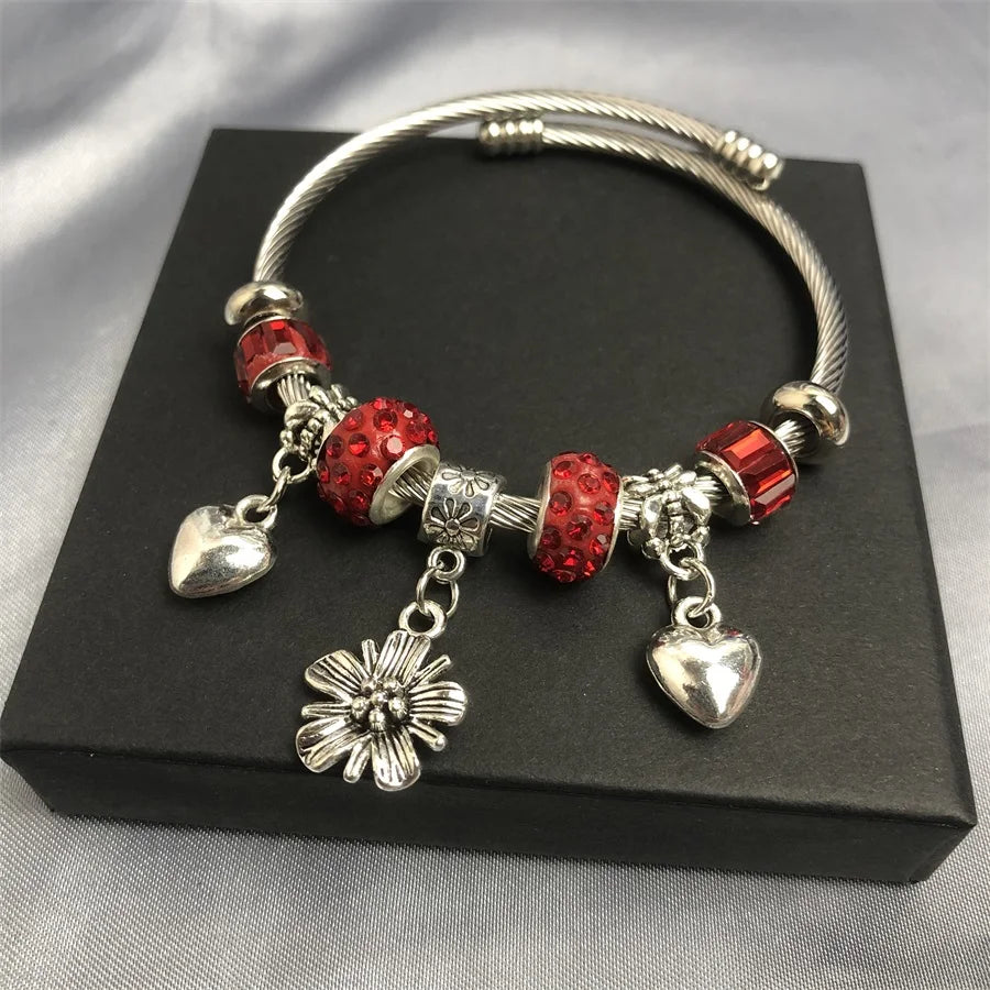 Latest New Models Stainless Steel Flower love Pendant Women Girls Crystal Charm Bracelet Bangle