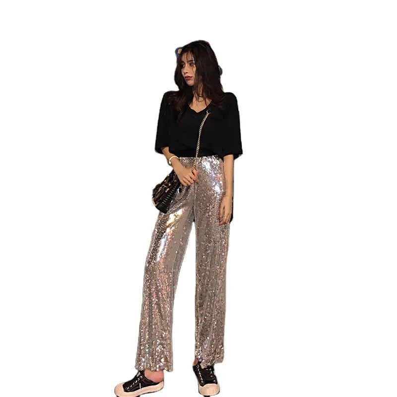 Party Elastic High Rise See Through Metallic Sequined Women Trousers Wide Leg Pants for Women