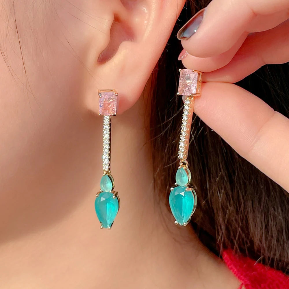 Simple Fashion Bright Dangling Light Blue CZ Long Water Drop Earrings for Women Elegant Ladies Ear Accessories Jewelry MegaBDM